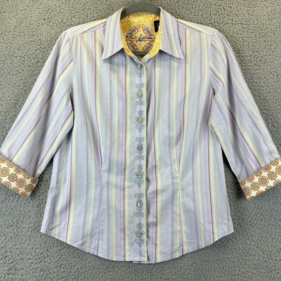 Robert Graham Flip Cuff Shirt Womens Small Blue Embroidered Floral Striped Top - Picture 1 of 11